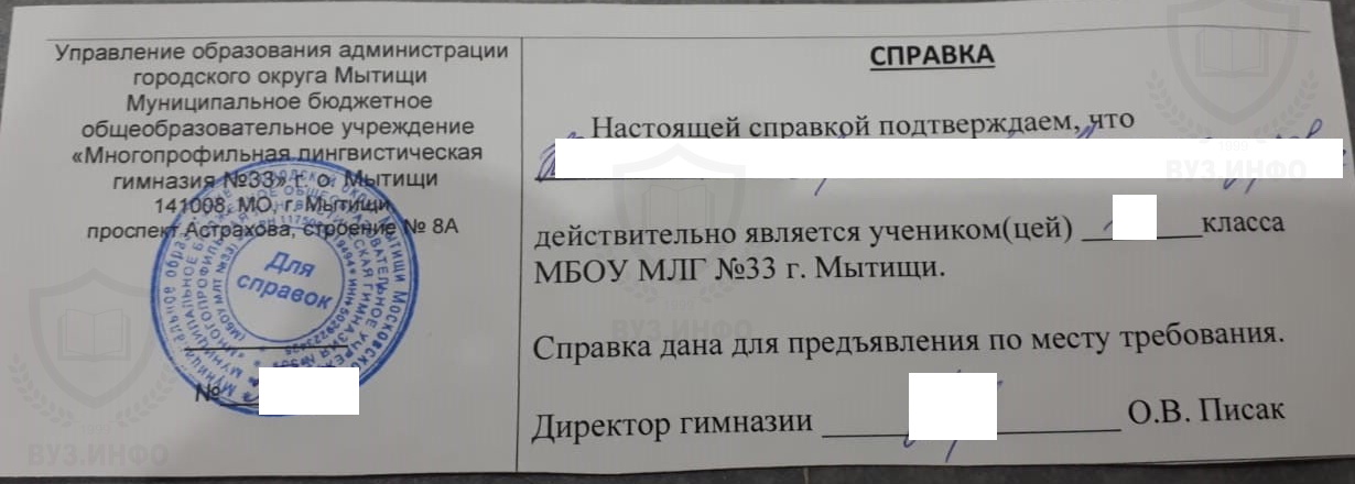 Справка об обучении в Гимназии 33 г. Мытищи Московской области 2025 года